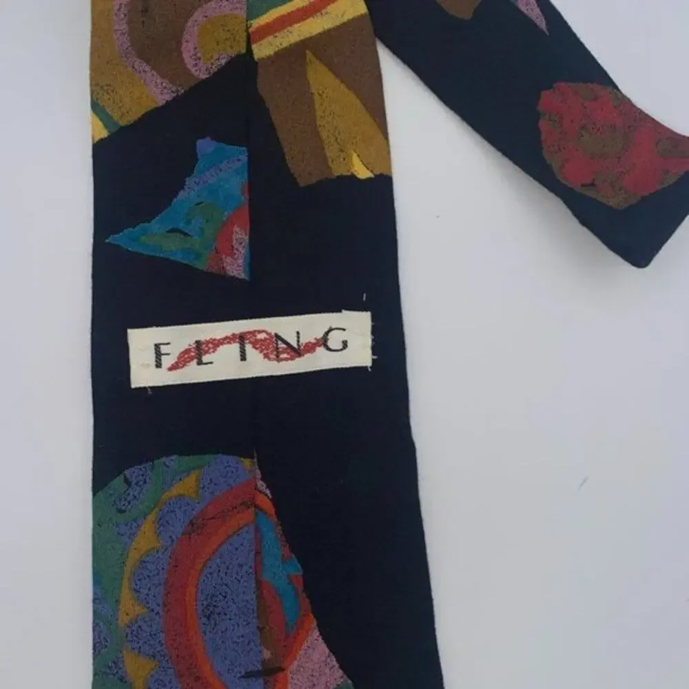 Fling Vintage Black Abstract Multicolored Print Men's Tie 100% Rayon